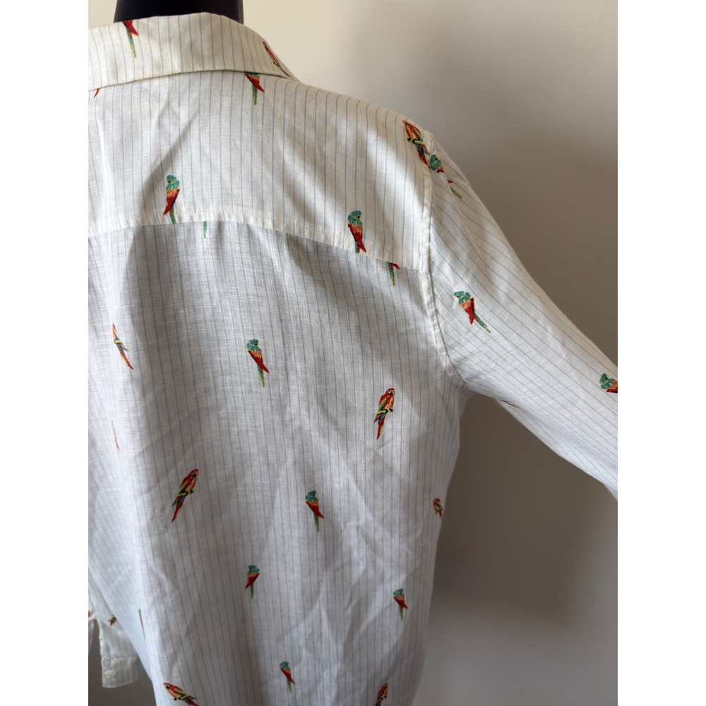 Chicos No Iron Linen Shirt Womens 2 (L) White Blue Pinstripe Parrot Embroidery - Picture 11 of 14